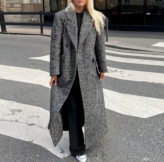 Women's Tailored Herringbone Long Coat - WoolFeel Gray