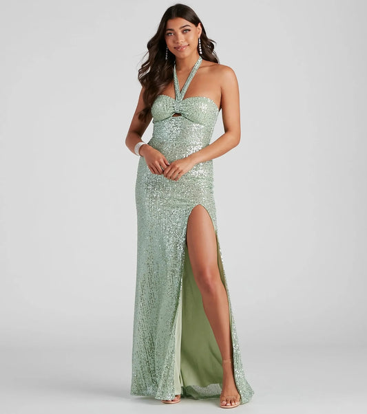 Women's Sequin Prom Gown Halter Cut-Out - EveningStar