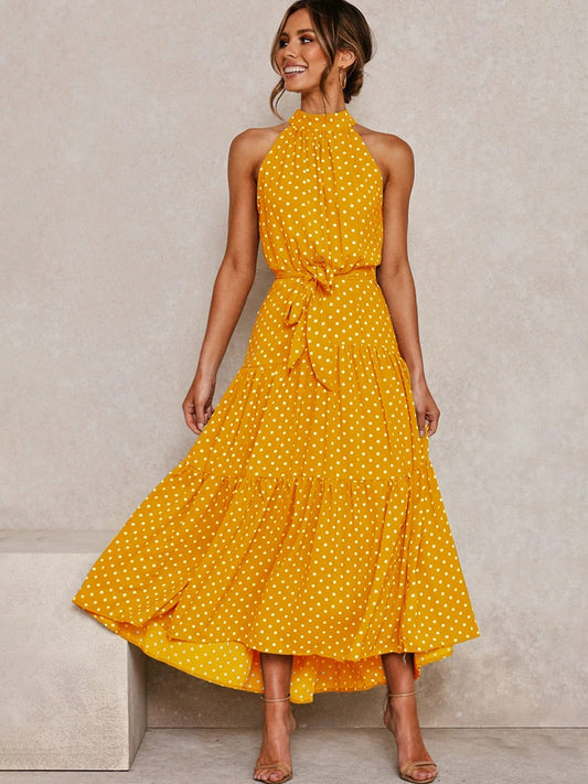 Women's Polka Dot Midi Dress - Flattering Fit, Flowy Halter - DotBloom