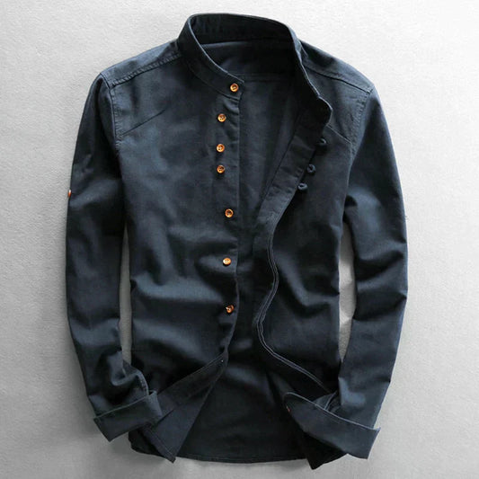 Men's Slim Fit Stand-Up Collar Shirt - ModernEdge Navy Blue