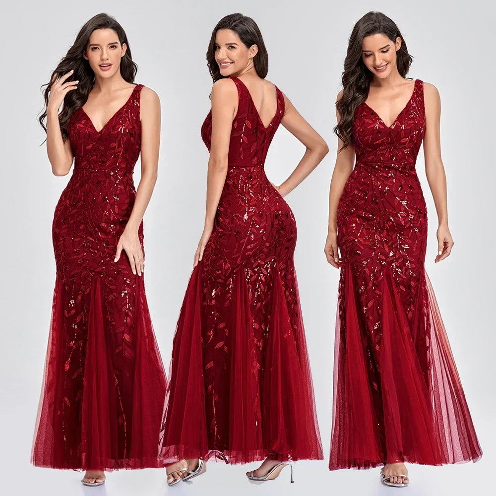 Women's Evening Prom Gown - Sleeveless V-Neck - Sequin Embellished - Floor-Length Elegant Fit Burgundy