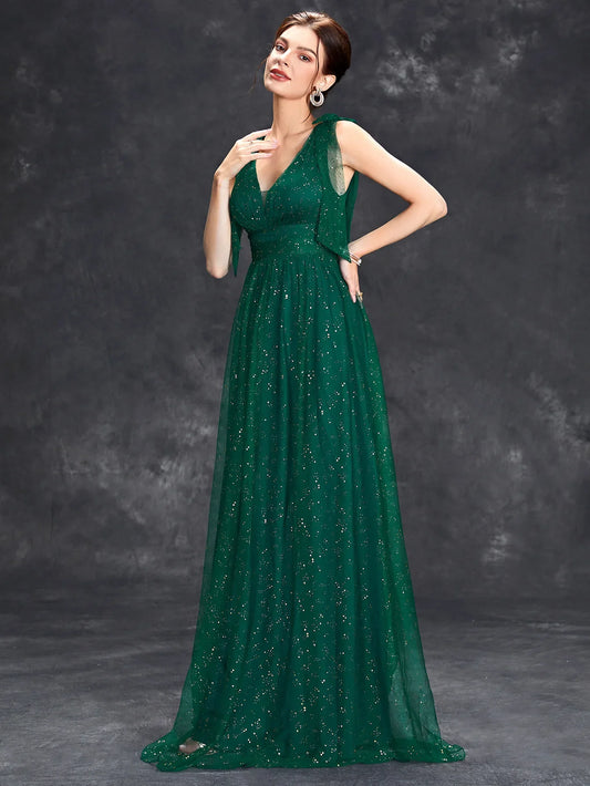Women's Glitter Maxi Dress - Sleeveless V-Neck Evening Gown - Starlight