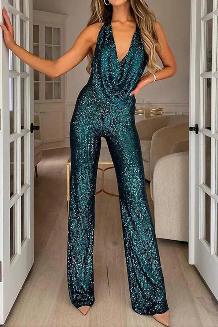 Women’s Jumpsuit – Sequin Embellished – Fitted Silhouette – Cowl Neck Halter Style Green