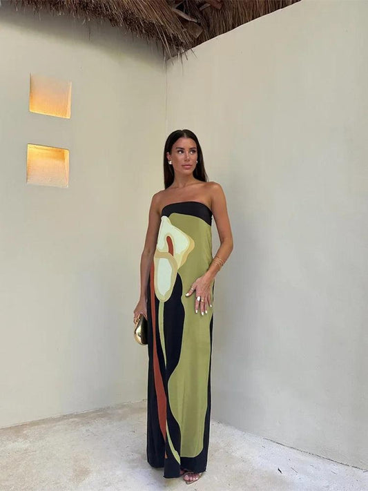 Women's Strapless Maxi Dress Lightweight Abstract Print - SummerMuse