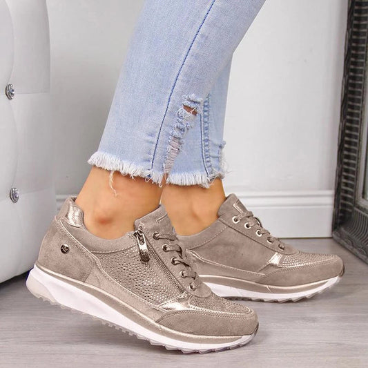 Orthopedic Walking Shoes with Arch Support - Easy-On Side Zip Comfort Rocker Sneakers Khaki