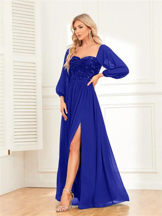 Women’s Evening Prom Gown - Off Shoulder - Sequin Bodice - Long Sleeve - High Slit Elegant Dress Royal Blue