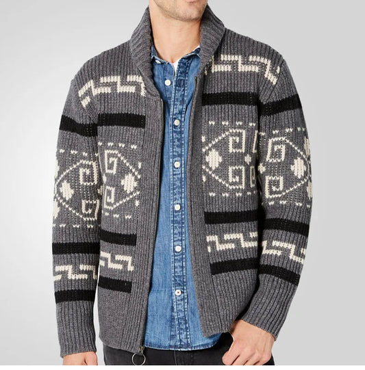 Men’s Cardigan Sweater – Slim Fit – Wool Knit – Zipper Front – Turn Down Collar Gray