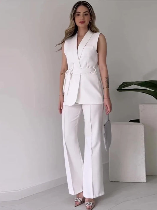 Women's Sleeveless Blazer Suit Set - Tailored Chic, Belted - PowerSuit