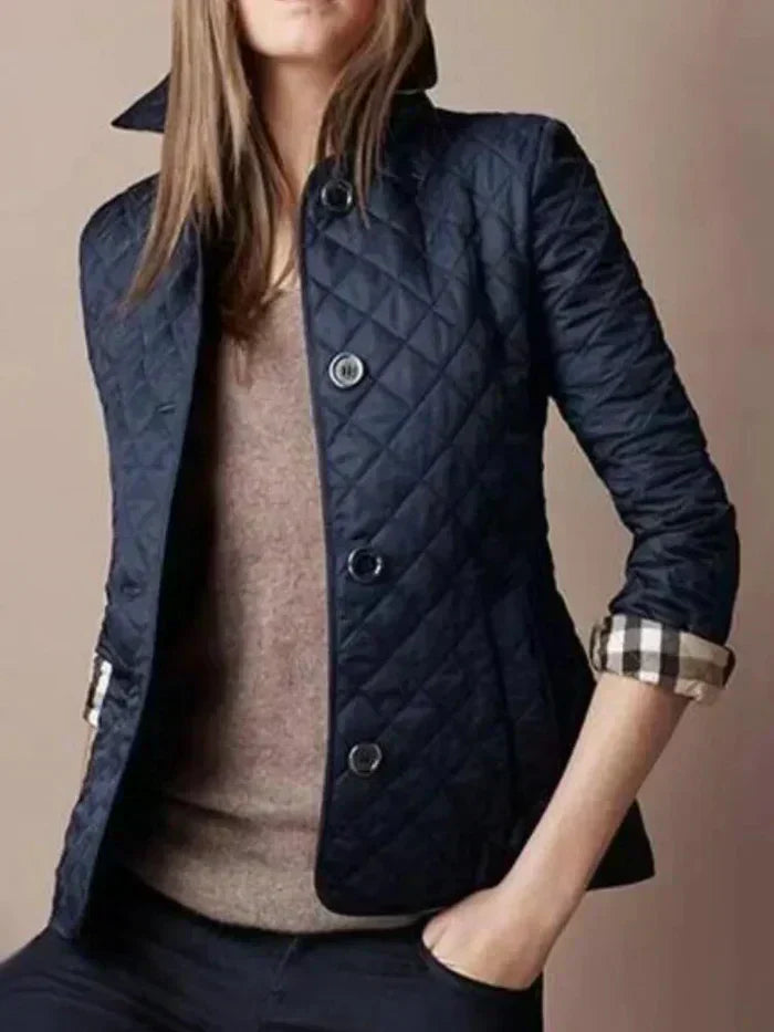 Women’s Quilted Jacket – Tailored Fit – Diamond Pattern – High Collar – Button Front Navy Blue