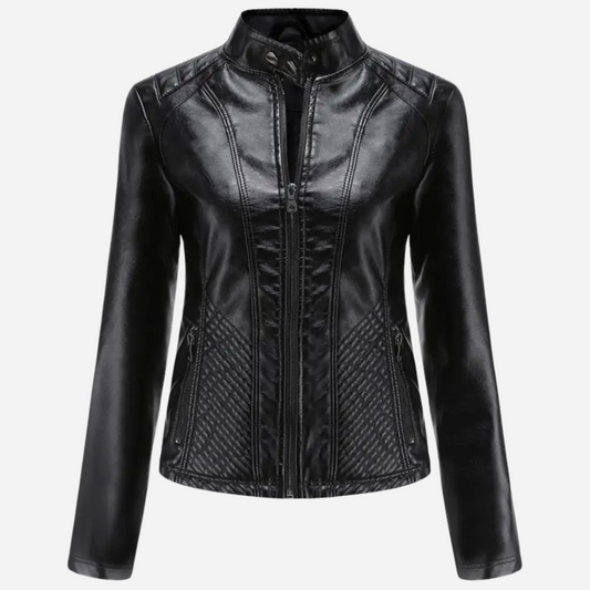 Women’s Leather Jacket – Slim Fit – Quilted Panels – Stand Collar – Zipper Front Black