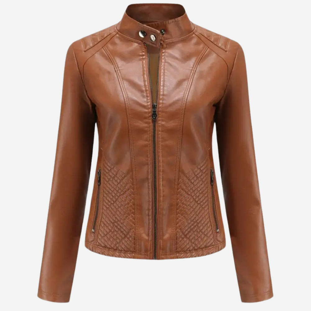 Women’s Leather Jacket – Slim Fit – Quilted Panels – Stand Collar – Zipper Front Brown