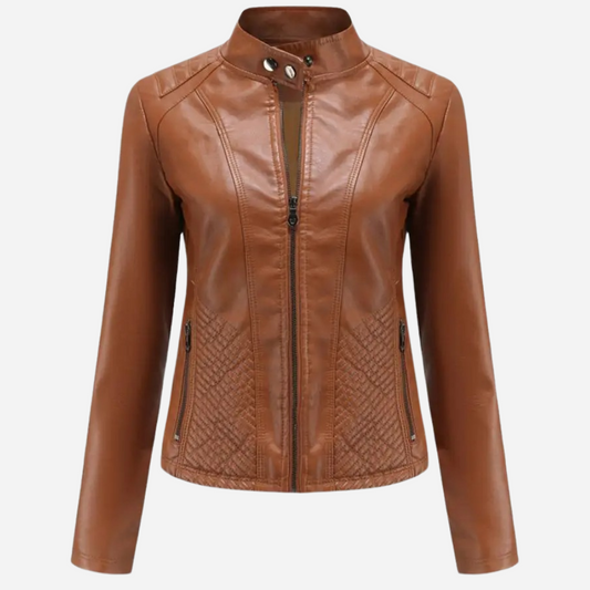 Women’s Leather Jacket – Slim Fit – Quilted Panels – Stand Collar – Zipper Front Brown