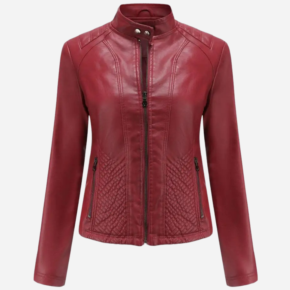 Women’s Leather Jacket – Slim Fit – Quilted Panels – Stand Collar – Zipper Front Red