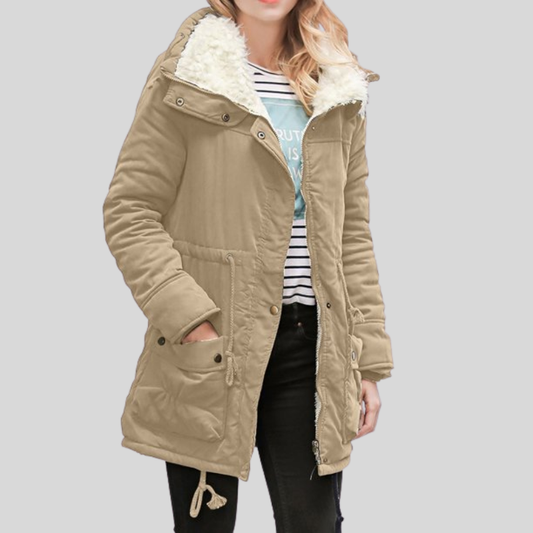 Women’s Parka Jacket – Water-Resistant – Plush Lined – Hooded – Adjustable Waist – Mid-Length Khaki