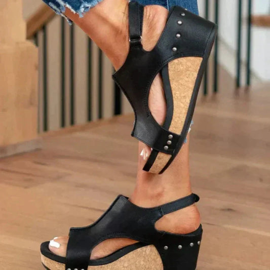 Women's Leather Wedge Sandals Cushioned Open Toe - UrbanStride