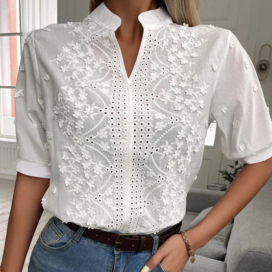Embroidered Cotton Women's Blouse - Breathable Mandarin Collar - FloralBloom