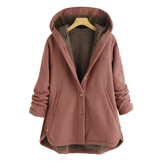 Women's Hooded Checked Coat Button Up - PlaidWrap