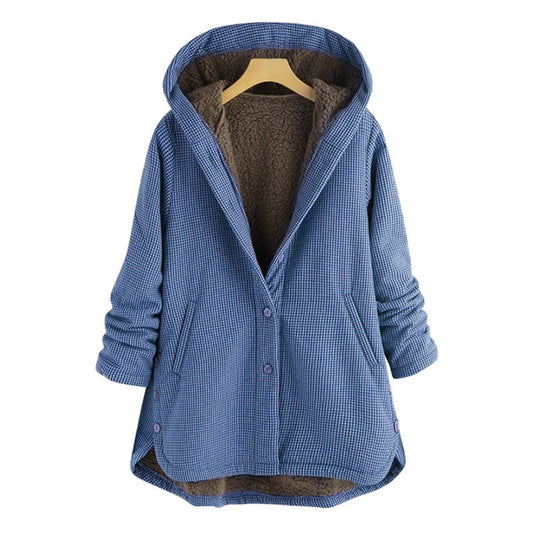 Women's Hooded Checked Coat Button Up - PlaidWrap