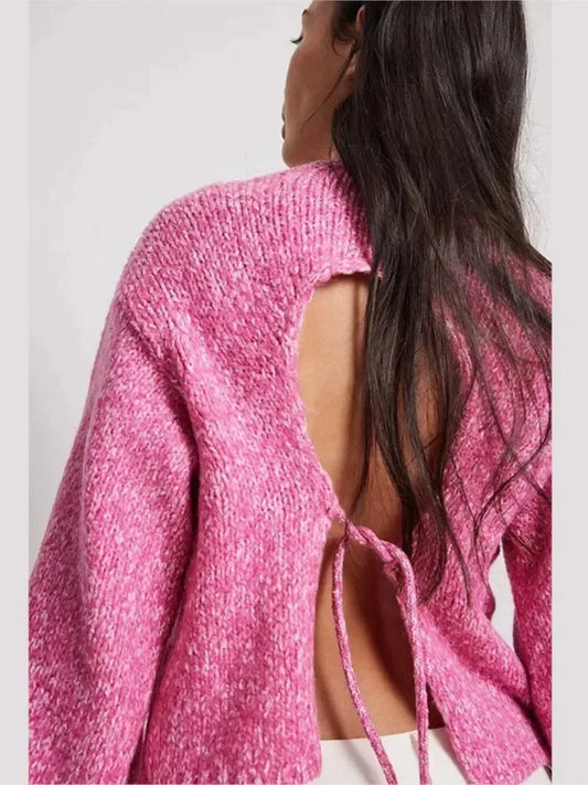 Women's Knit Crop Top - Long Sleeve Open Back Top - BacklessCharm