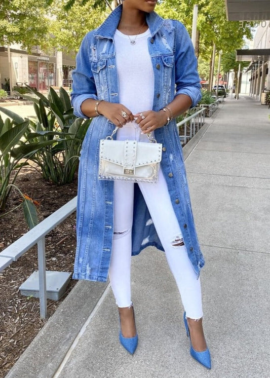 Women’s Jacket – Oversized Fit – Denim – Button-Down – Mid-Thigh Length Casual Layer Light Blue