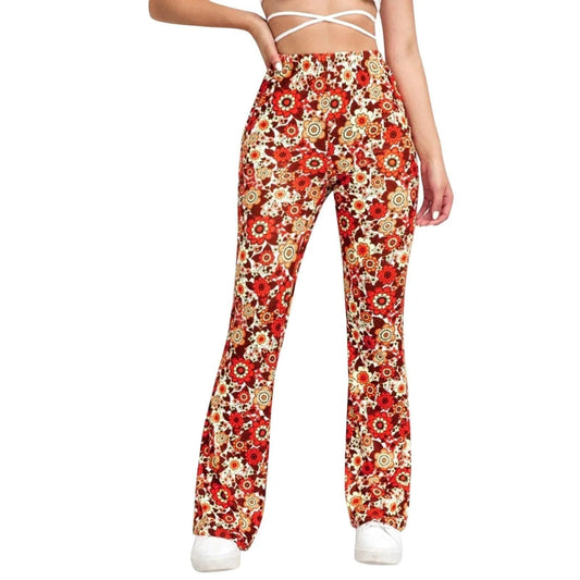 Women's High Waist Flared Pants - Floral Print Stretchy Trousers - RetroFlare