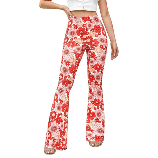 Women's High Waist Flared Pants - Floral Print Stretchy Trousers - RetroFlare
