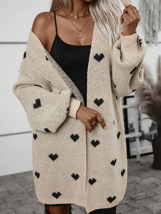 Women's Knitted Cardigan Soft Heart Pattern - Heartfelt