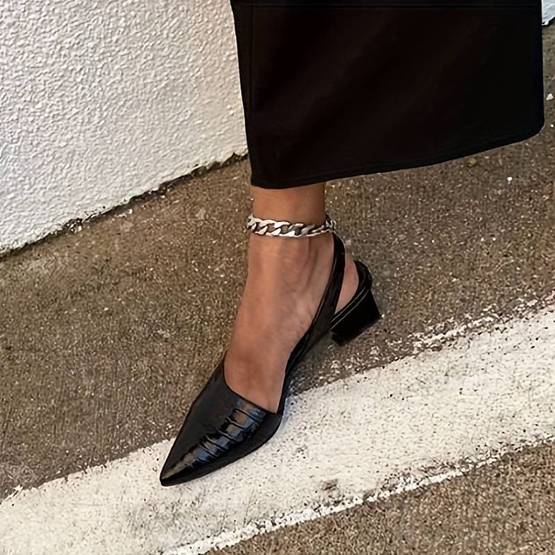 Women’s Slingback Heels – Crocodile-Embossed – Pointed Toe – Mid Block Heel – Elegant Fit