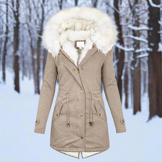Women’s Parka Jacket – Fitted Silhouette – Water-Repellent – Faux Fur Hood – Long Length Khaki