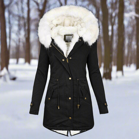 Women’s Parka Jacket – Fitted Silhouette – Water-Repellent – Faux Fur Hood – Long Length Black