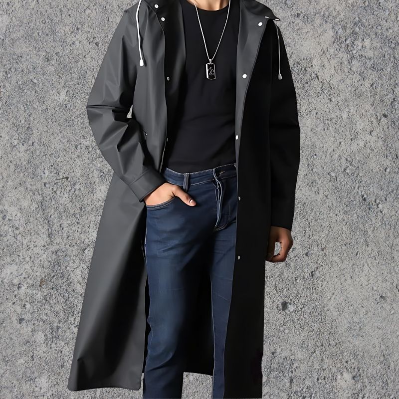 Men's Waterproof Hooded Raincoat Lightweight Knee-Length - AquaShield Black
