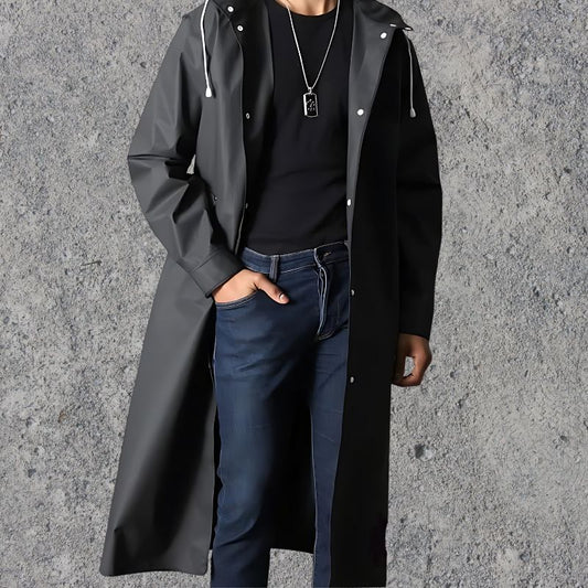 Men's Waterproof Hooded Raincoat Lightweight Knee-Length - AquaShield Black