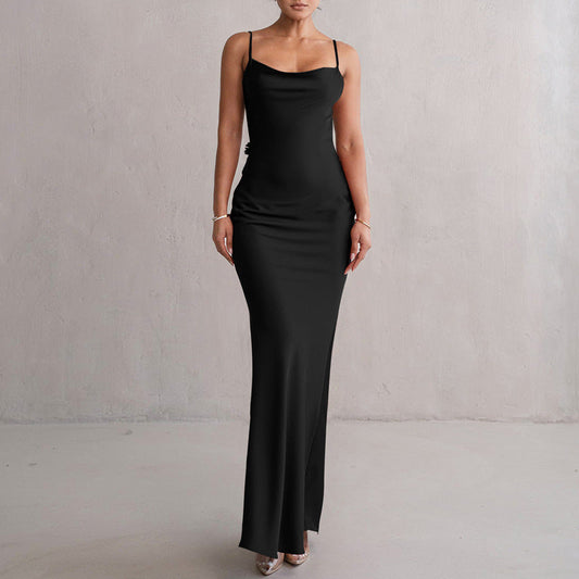 Women's Evening Prom Gown Dress - Satin Floor-Length - Backless Floral Appliqué - Form-Fitting Black