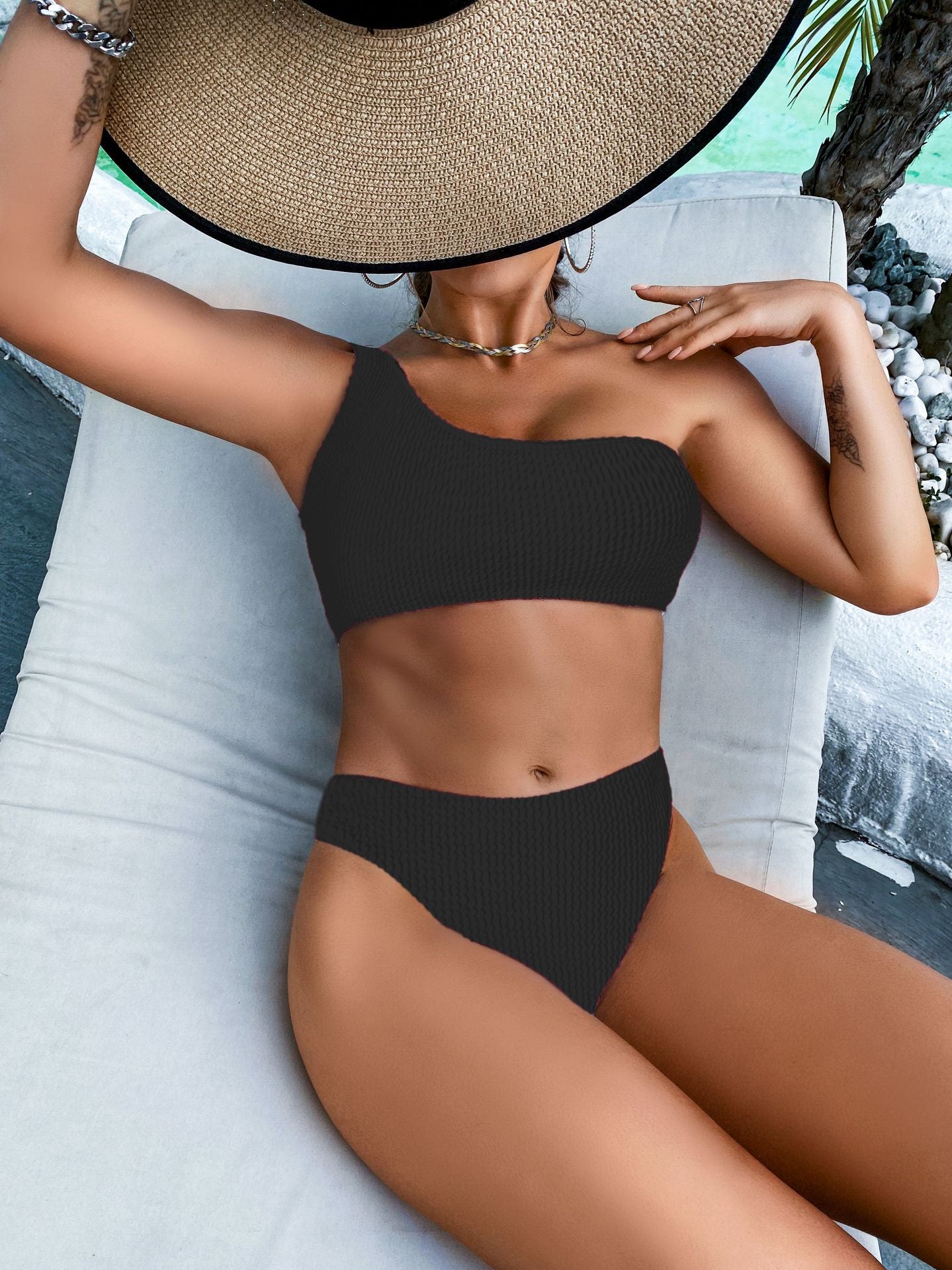 Women's Bikini - One-Shoulder Top - High Waist - Textured Design Black
