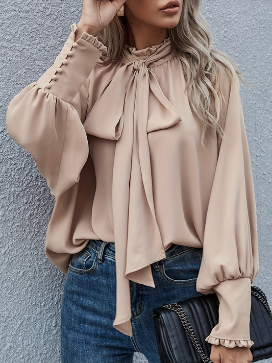 Elegant Tie-Neck Blouse with Puff Sleeves - RuffleChic