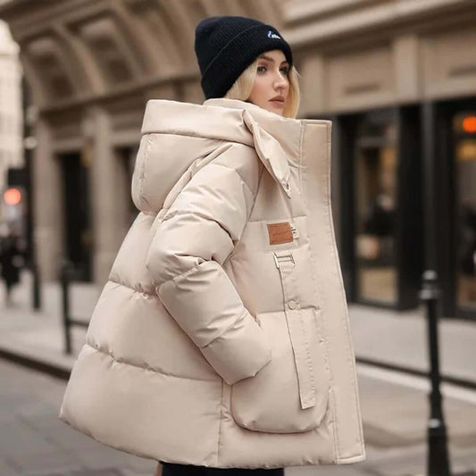 Women’s Quilted Jacket – Relaxed Fit – Hooded – Padded – Ribbed Cuffs – Front Pockets Beige