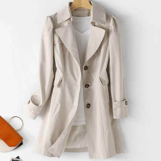 Women's Elegant Trench Coat, Belted, Knee-Length - Nuriya Coat Beige