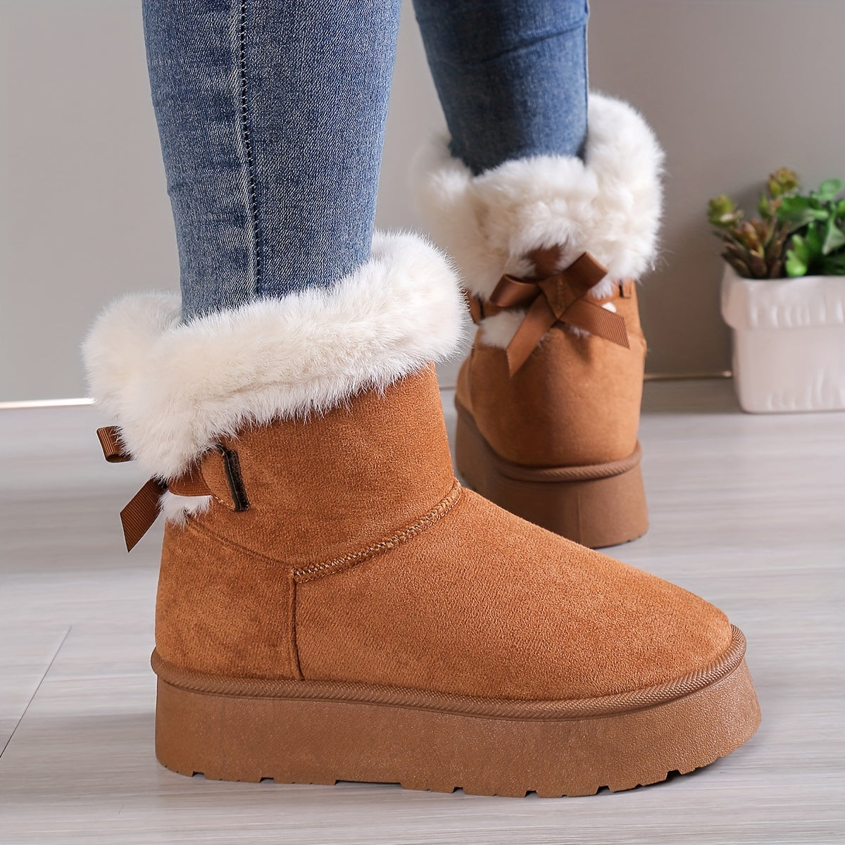 Women’s Ankle Boots – Suede Finish – Faux Fur Lined – Platform Sole – Bow Detail Brown