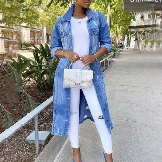 Women’s Trench Coat – Denim – Relaxed Fit – Distressed – Full Length – Button Front Blue