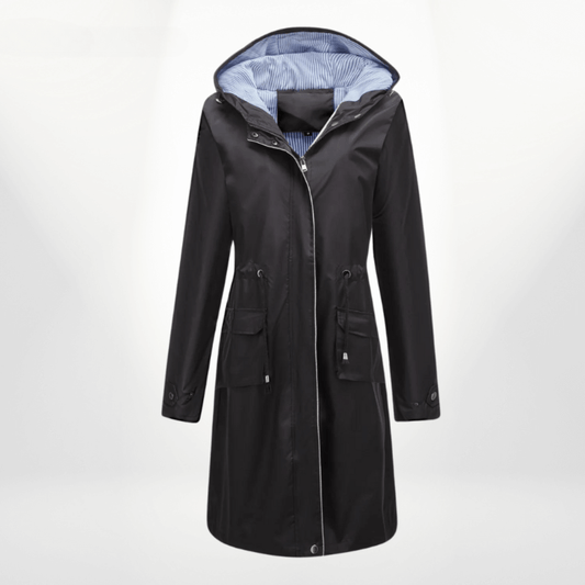 Women’s Trench Coat – Waterproof Over-Knee – Hooded – Adjustable Waist – Flap Pockets Black