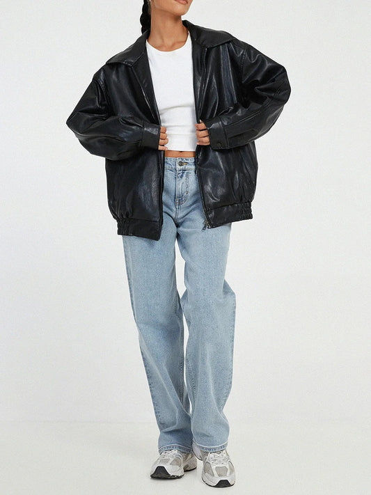 Women’s Bomber Jacket – Oversized Fit – Faux Leather – Zip Front – Ribbed Trim Black