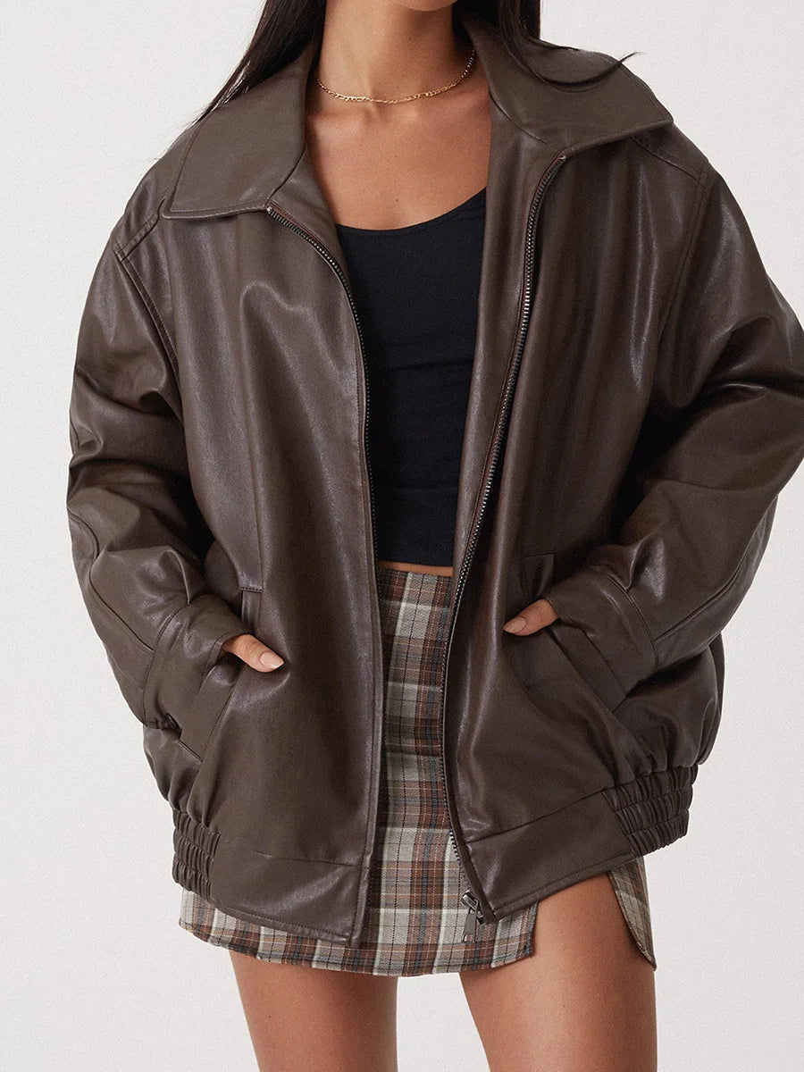 Women’s Bomber Jacket – Oversized Fit – Faux Leather – Zip Front – Ribbed Trim Brown