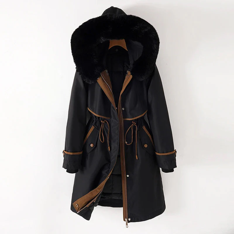 Women’s Parka Jacket – Quilted Lining – Faux Fur Hood – Adjustable Waist – Zip Closure Black