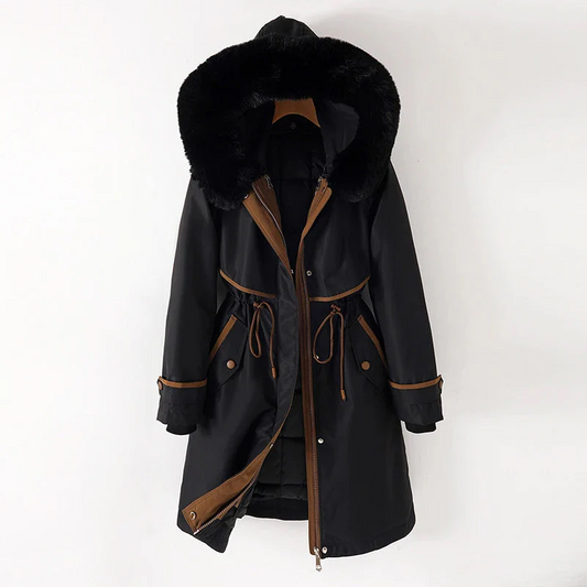 Women’s Parka Jacket – Quilted Lining – Faux Fur Hood – Adjustable Waist – Zip Closure Black