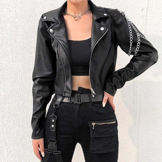 Women’s Biker Jacket – Slim Fit – Cropped Length – Faux Leather – Chain Shoulder Detail Black