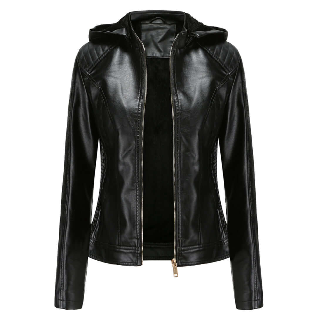 Women’s Faux Leather Jacket – Slim Fit – Plush Lined – Detachable Hood – Zip Closure Black