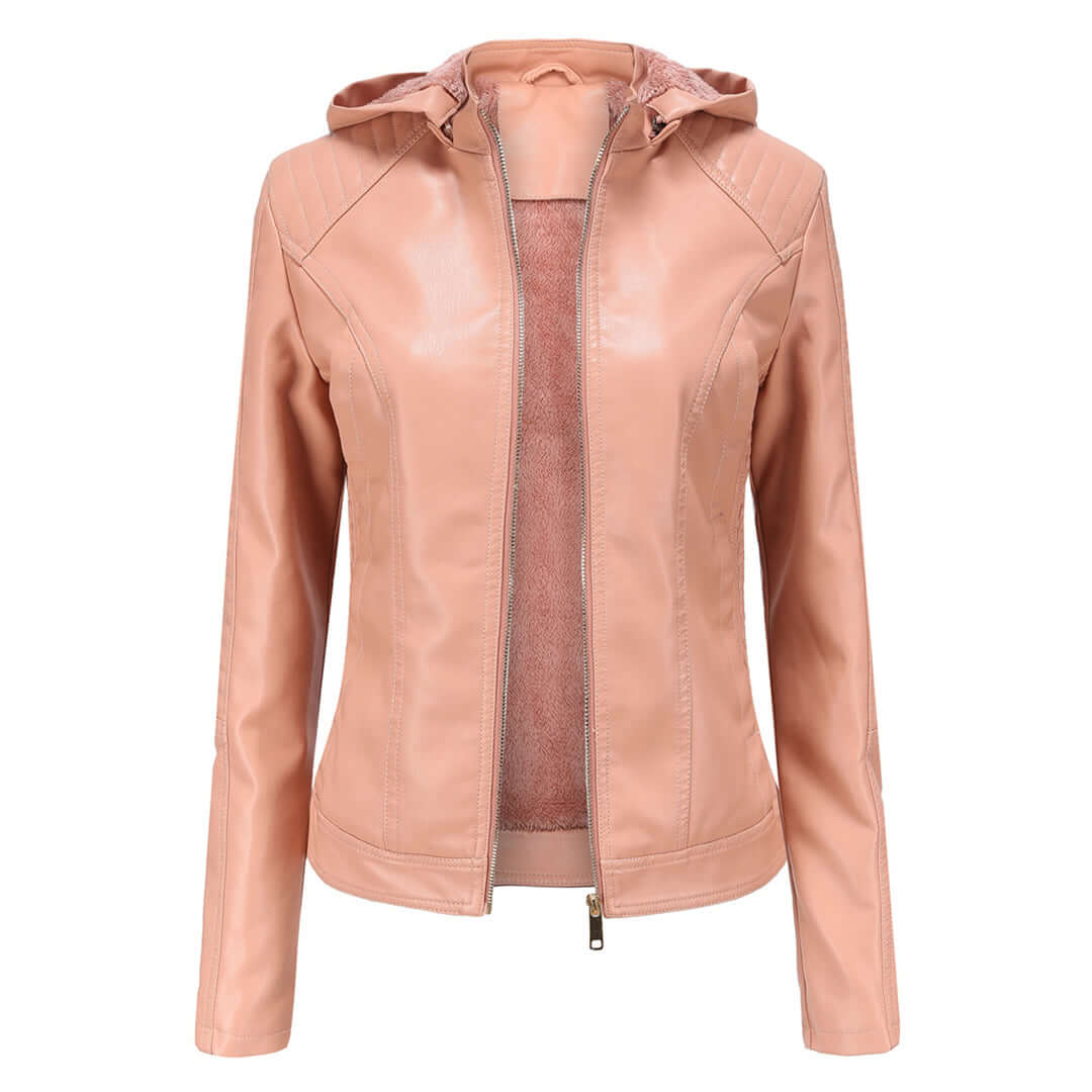 Women’s Faux Leather Jacket – Slim Fit – Plush Lined – Detachable Hood – Zip Closure Pink