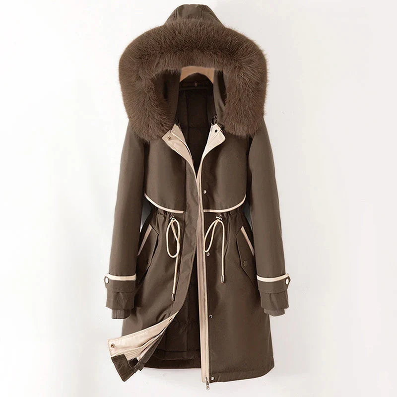 Women’s Parka Jacket – Quilted Lining – Faux Fur Hood – Adjustable Waist – Zip Closure Brown