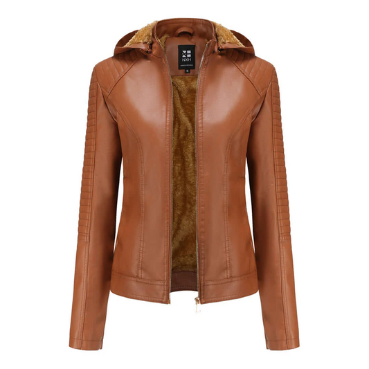 Women’s Faux Leather Jacket – Slim Fit – Plush Lined – Detachable Hood – Zip Closure Brown