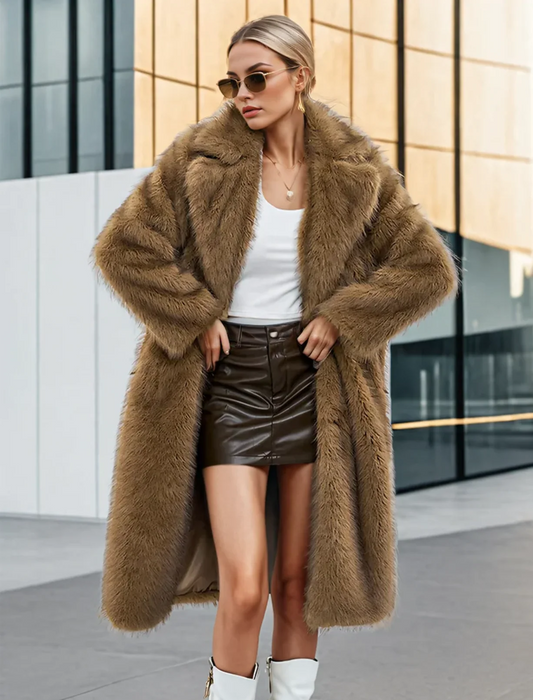 Women's Oversized Faux Fur Coat - Luxe Plush, Arctic Collar - WinterGlam Brown